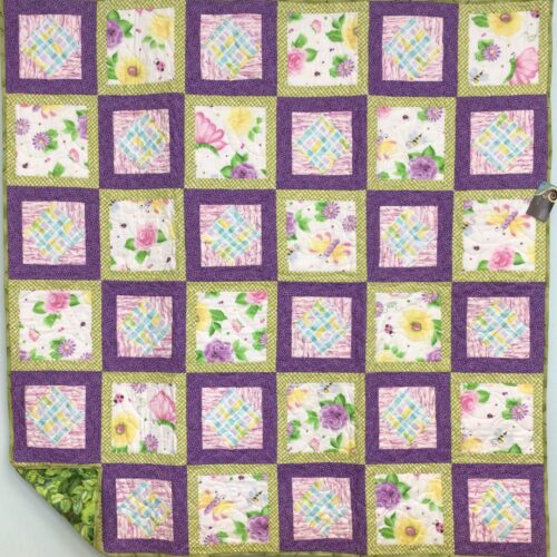 Quilt featuring a charming alternating block pattern with a butterfly print and square in a square blocks.