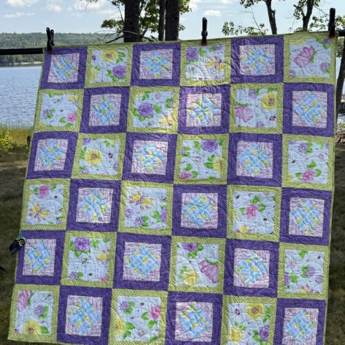 Quilt featuring a charming alternating block pattern with a butterfly print and square in a square blocks.